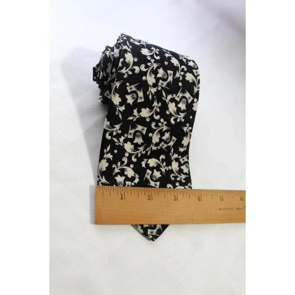 Vintage Custom Silk Necktie, Black & Beige Floral, 3.5 X 56 Inches